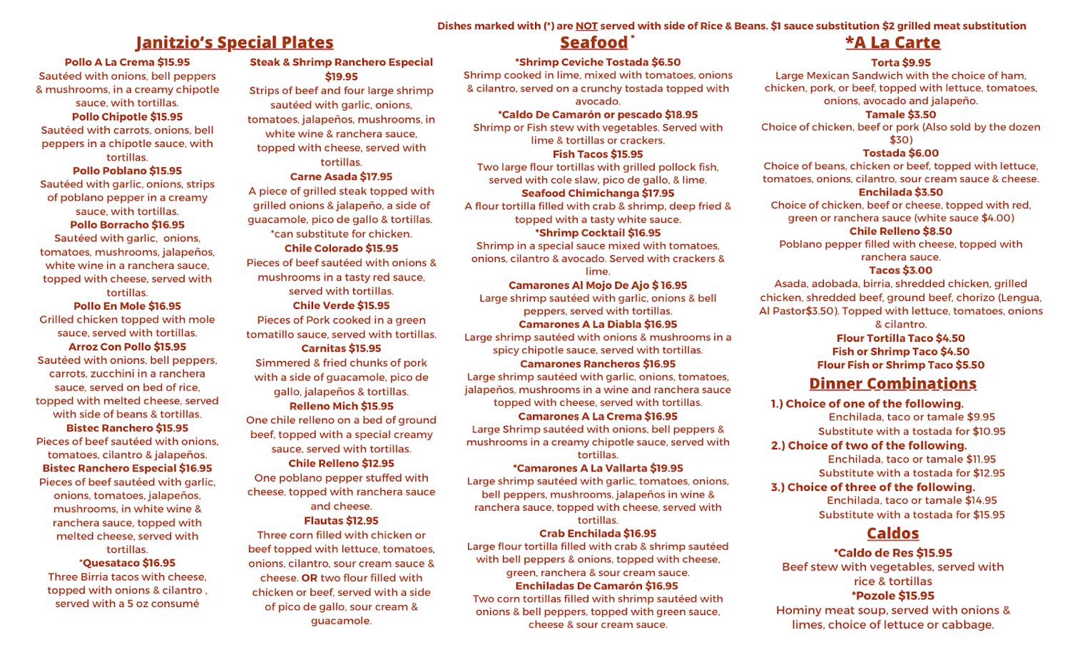 The Janitzio menu of tacos, enchiladas, fajitas and seafood