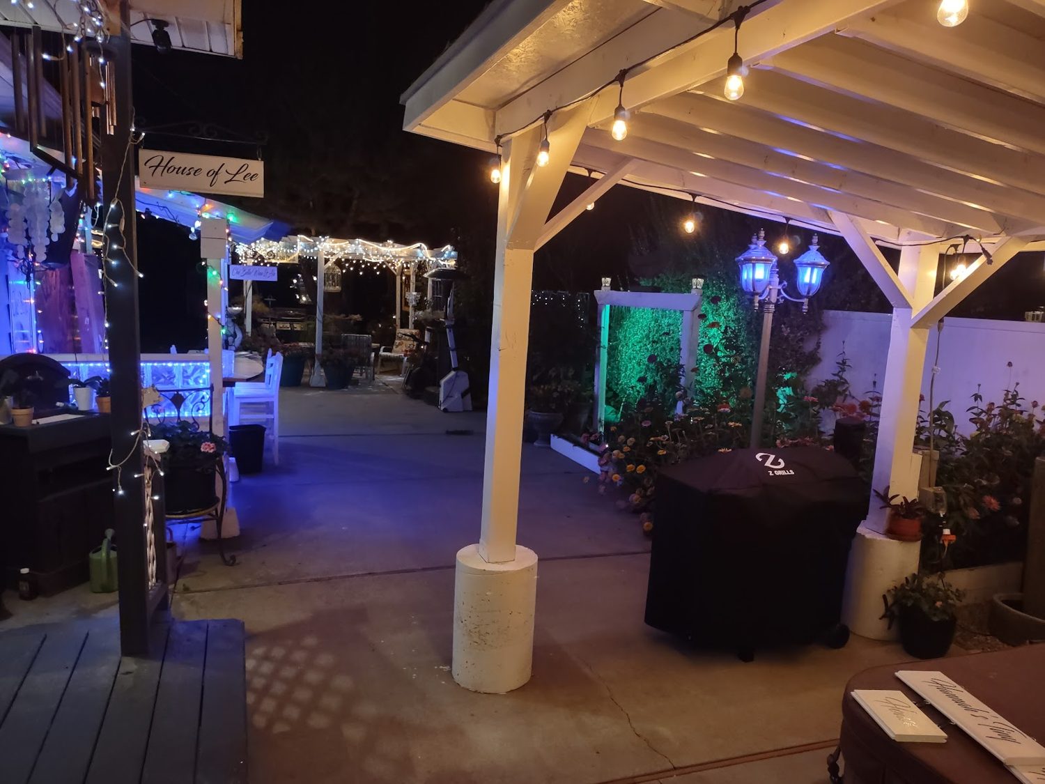 Covered patio with string lights at Janitzio